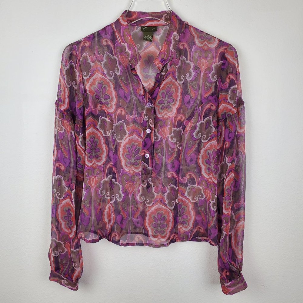 Fei anthro silk chiffon floral blouse purple pink 4 anthropologie boho